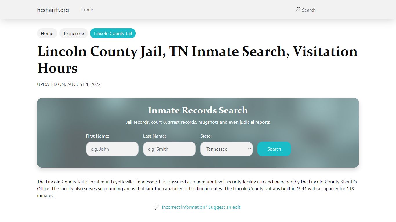 Lincoln County Jail, TN Inmate Search, Visitation Hours